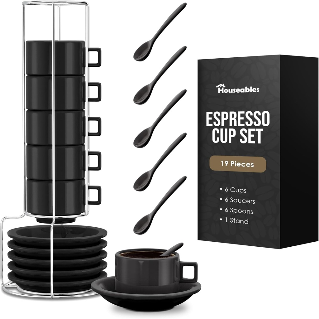 Houseables Espresso Cup Set, Espresso Cups Stackable, Expresso, Demitasse, with Saucers, Stand, Spoons, Coffee Mugs, Juego De Tazas Para Cafe, Porcelain, Stacking, 19 Pieces, Set of 6, 2.5 oz, Black
