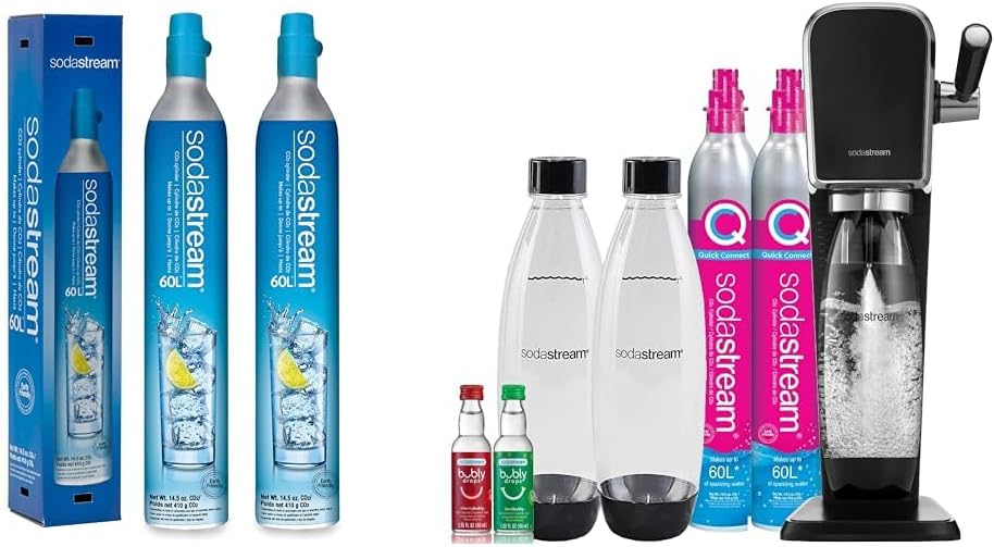 SodaStream 60 L Co2 Exchange Carbonator, 14.5 Oz, Set of 2, Plus $15 Amazon.com Gift Card & Art Sparkling Water Maker Bundle (Black), with CO2, DWS Bottles, and Bubly Drops Flavors