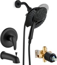 Tub Shower Faucet Set with with 9-Spray 2-in-1 Dual Shower Head with Handheld Spray Combo,Single Handle Valve Trim Kit,Tub Spout,Matte Black