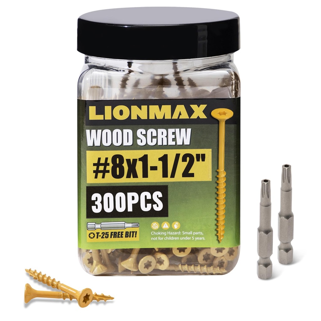 LIONMAX Wood Screws 1-1/2 Inch, Deck Screws #8 x 1-1/2", 300 PCS, Rust Resistant, Epoxy Coated, Exterior Wood Screw, Outdoor Decking Screws, Torx/Star Drive Head, T25 Star Bit Included, Tan