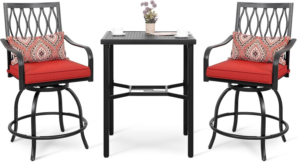 NUU GARDEN 3 Piece Swivel Bar Sets with Padded Cushions and Extra Pillows, High Bistro Sets with 2 Outdoor Bar Stools and 1 Square Bar Table, for Patio, Garden, Backyard, Black & Red