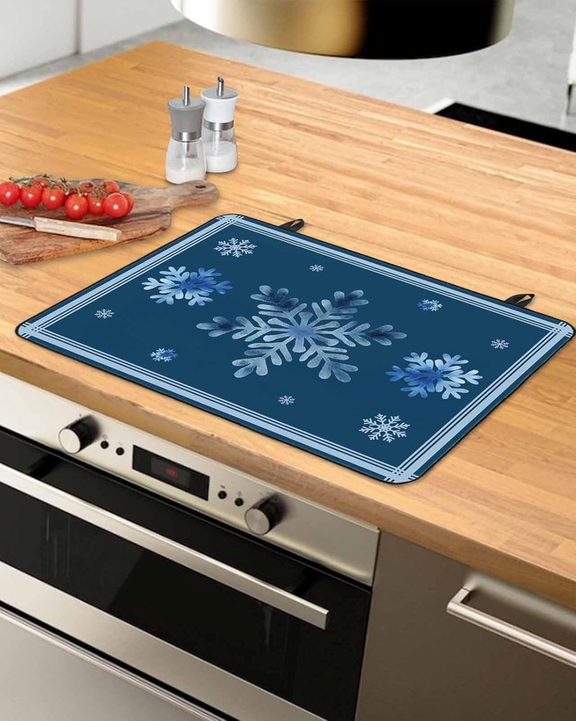Christmas Countertop Burners Protection Mats for Kitchen, Snowflakes Stripes Winter Blue Rubber Stove Top Cover Mat, Heat Proof Mats Cooktop Cover for Counter Dish Drying Mat, 24"x21"