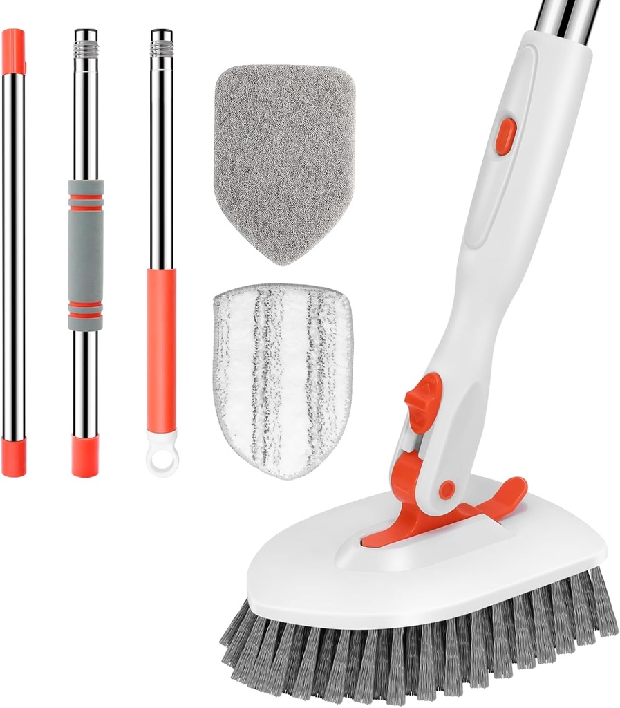 SetSail Floor Scrub Brush, 3-In-1 Tile Tub Floor Scrubber with 52-inch Adjustable Long Handle Shower Cleaner and 3 Detachable Replacement Brush Heads for Cleaning Bathroom Kitchen Walls Tub Tile