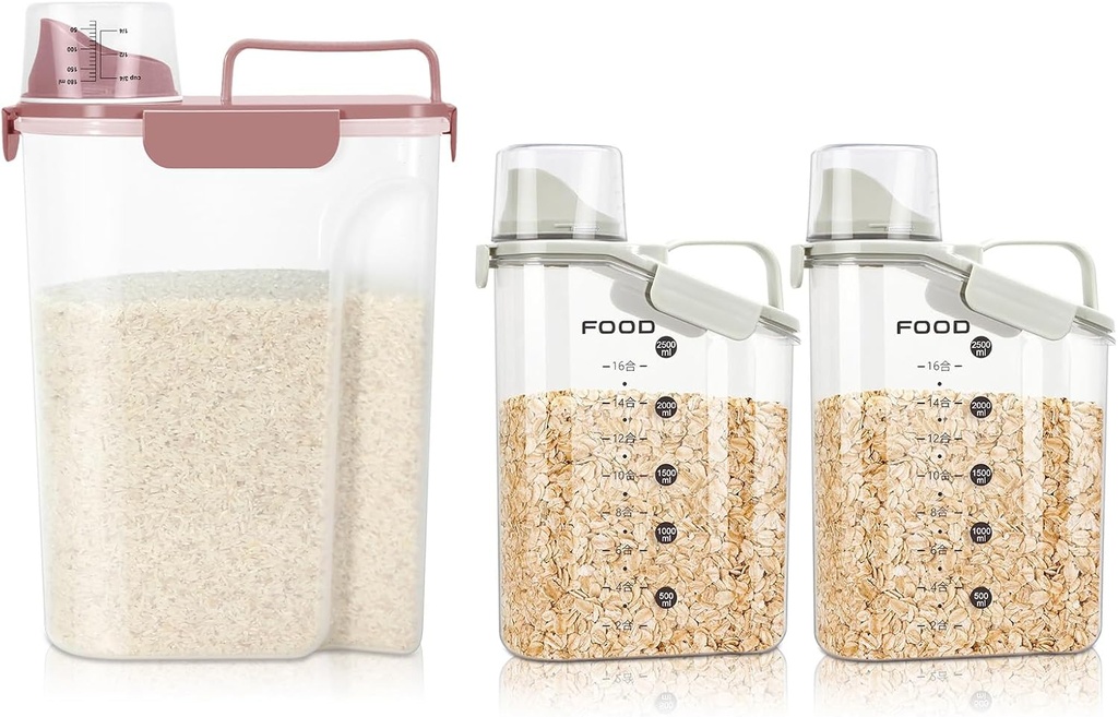 Rice Storage Container, Cereal Containers Storage, Dry Food Airtight Dispenser BPA Free, Clear Plastic Kitchen and Pantry Organization Bin (3Qt 2pack+5.28Qt 1pack)