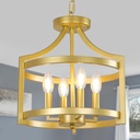 4-Light Gold Chandelier, Industrial Semi Flush Mount Ceiling Light Convertible Hanging Pendant Lighting with Metal Cage, Small Lantern Farmhouse Chandeliers for Kitchen Dining Room Entryway