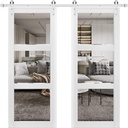 Sturdy Double Barn Door 60 x 96 inches with Clear Glass 3 Lites | Lucia 2555 Matte White | Stainless Steel 13FT Rail Hangers Heavy Set | Solid Panel Interior Doors