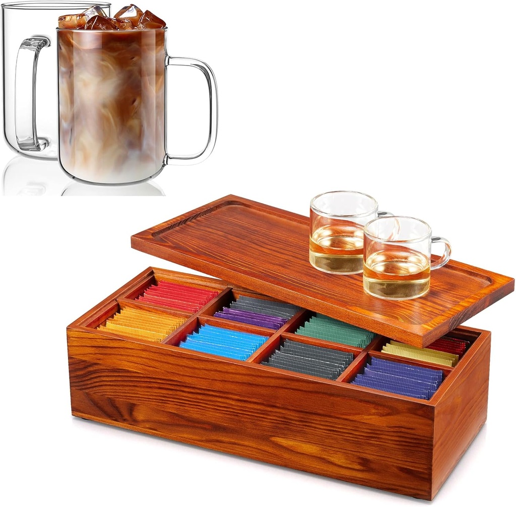 Glass Coffee Mugs, 20 oz Ice coffee cups&Tea Organizer, Wood Tea Bag Storage Box