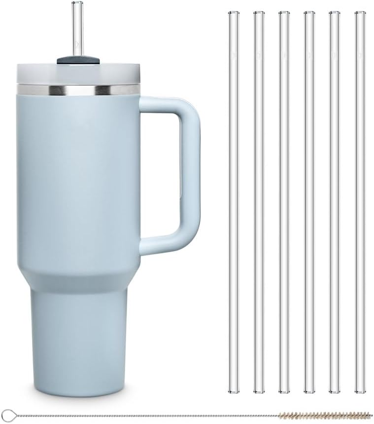 Halm Glass Straws 6x 12 inch Long Replacement Straw for Stanley Quencher Cup 40 oz & 30 oz Plastic-Free Cleaning Brush - Reusable Drinking Straw Dishwasher Safe Made in Germany