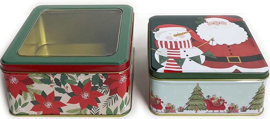Christmas Cookie Tins with Window Lids for Gift Giving Empty Candy Snack Pastry Treat Swap Box Cerebrate a Holiday Set of 2 Goodies Party Favors Metal Containers Santa & Snowman