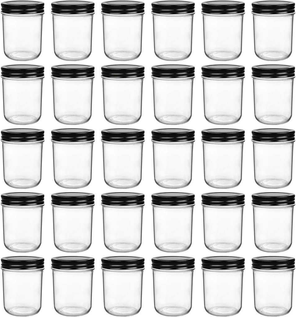 QAPPDA 6oz Glass Jars With Lids,Small Mason Jars Wide Mouth,Mini Canning Jars With Black Lids,Kitchen Storage Jars For Honey,Jam,Jelly,Baby Foods,Wedding Favor,Shower Favors,Spice Jars Set of 30