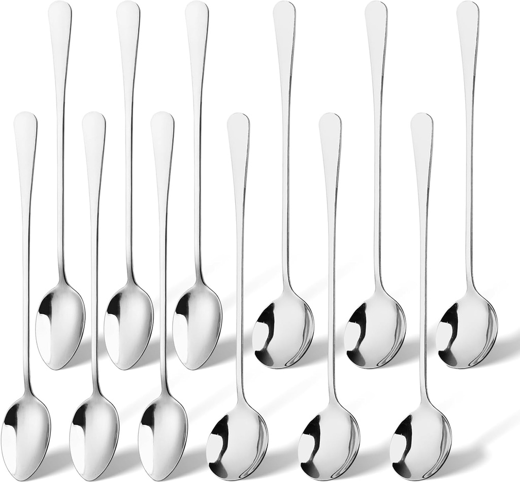 Silver Iced Tea Spoons - Long Handle Stainless Steel Spoons for Stirring Ice Cream (Pack of 12)