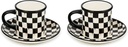 MACKENZIE-CHILDS Set of 2 Stoneware Espresso Cup and Saucer, Cute Coffee Cups, Black-and-White Courtly Check