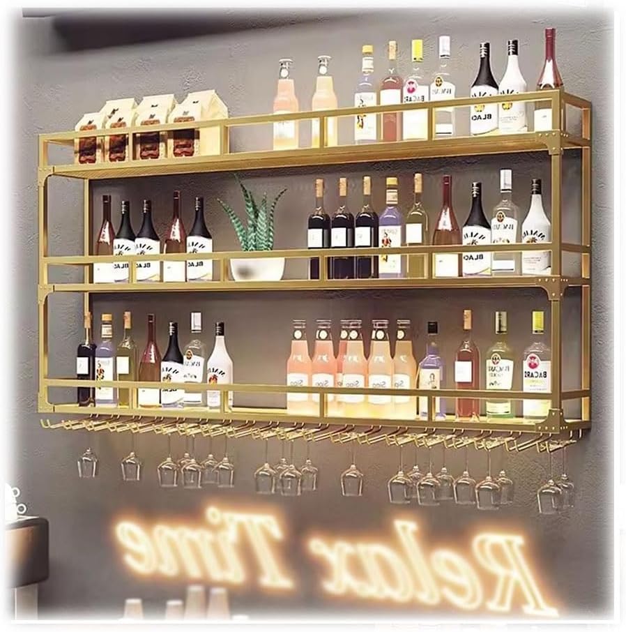 Wall Mounted Wine Rack Wine Rack Wall-Mounted Hanging Wine Glass Holder Unit Floating Shelves Wine Bottle Storage Bar With Led, Bar Shelves For Home, Kitchen, Pantry, Wine Cellar (Gold 80X25X90Cm)