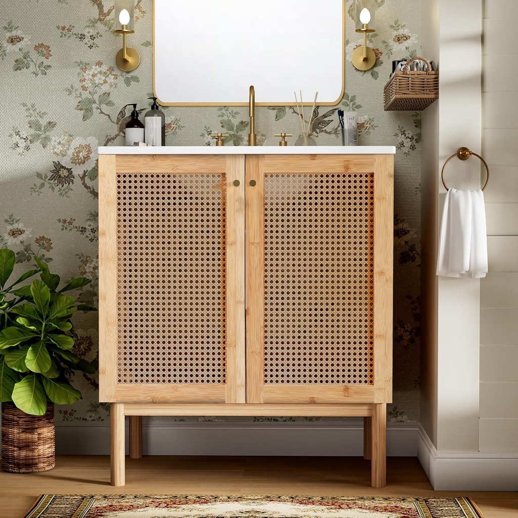 30 Inch Bathroom Vanity with Sink, Mid Century Modern Bathroom Storage Cabinet, Natural Wood Bathroom Vanity, Featuring Handmade Rattan Doors, 30 Inch, Wood