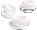 LE TAUCI 6 oz Cappuccino Cups with Saucers, Ceramic Coffee Cup for Au Lait, Double shot, Latte, Cafe Mocha, Tea - Set of 4, White