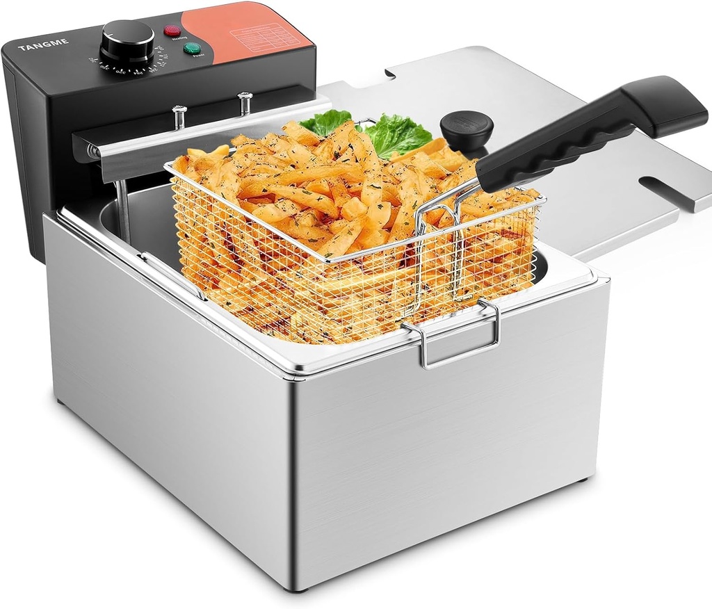 TANGME Commercial Deep Fryer, 1700W Electric Countertop Fryer 10.35QT with 6.35QT Baskets Stainless Steel Oil Fryer with Temperature Limiter for Home Kitchen and Restaurant