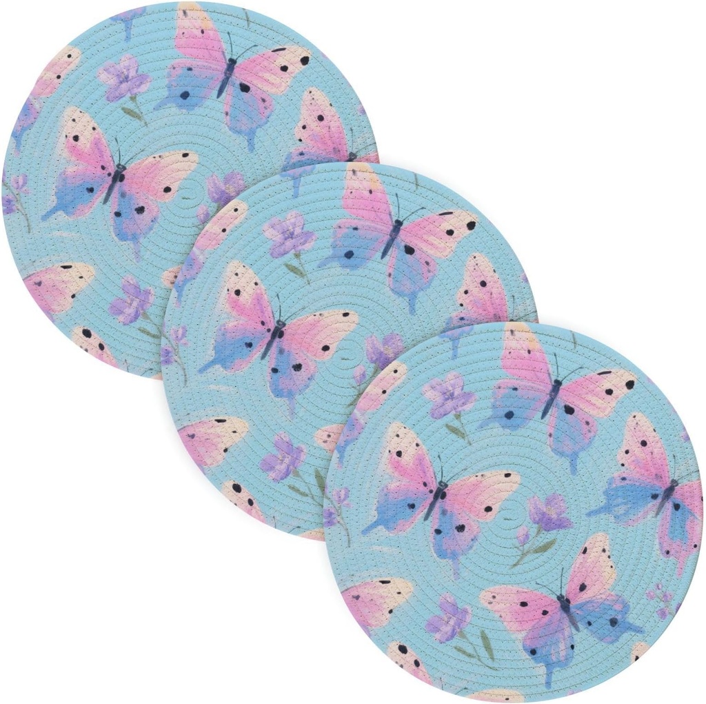3 Pcs Dish Holder for Crock Pot Beautiful Pinkish-Blue Butterfly 15in Polyester-Cotton Thread Weave Farmhouse Kitchen Decor alfombrilla de para cocina