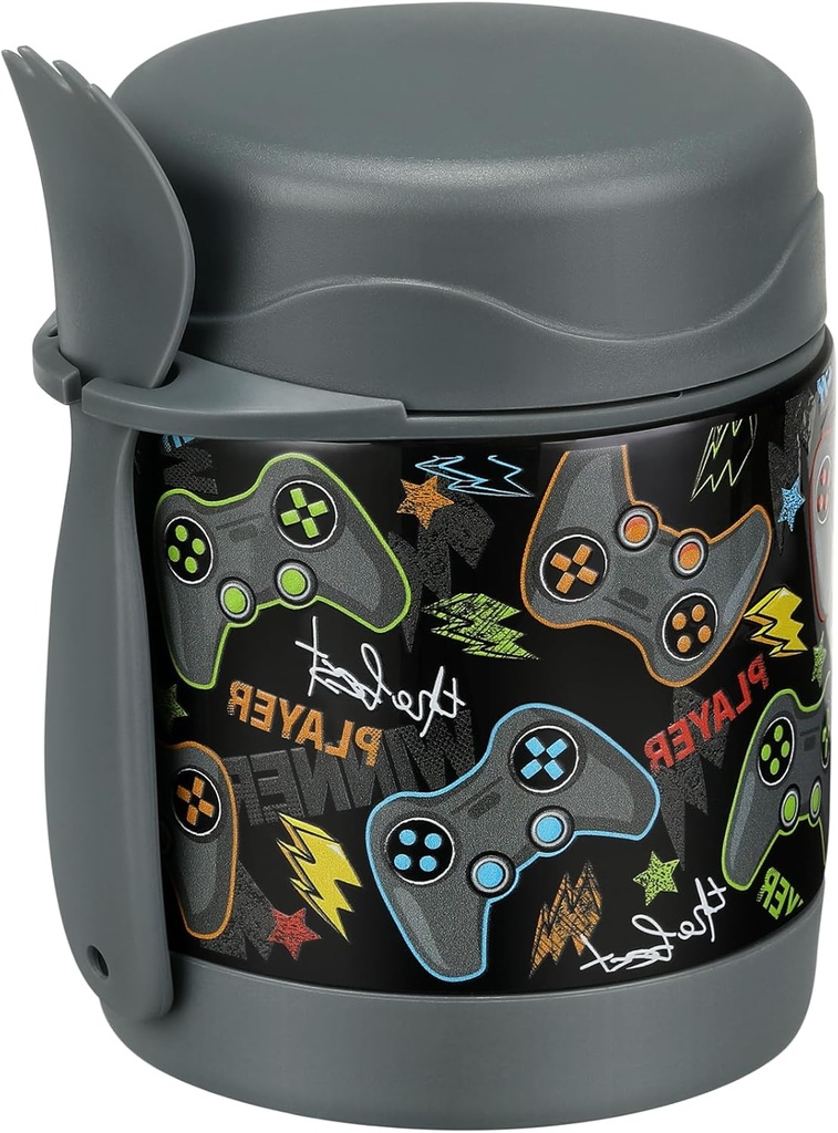 10oz Soup Thermo for Hot Food Kids,Lunch Thermo Kids Food Jar with Spoon Hot Insulated Food Containers,Leak Proof Stainless Steel Wide Mouth Lunch Food Thermo Jar for School(Black-Game Console)