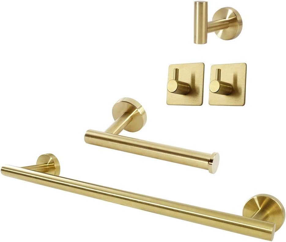 TocTen 5 PCS Bathroom Hardware Set SUS304 Stainless Steel-Towel Rack Set Include Lengthen Hand Towel Bar+Toilet Paper Holder+3 Robe Towel Hooks Bathroom Accessories Towel Bar Set(Brushed Gold,16IN)