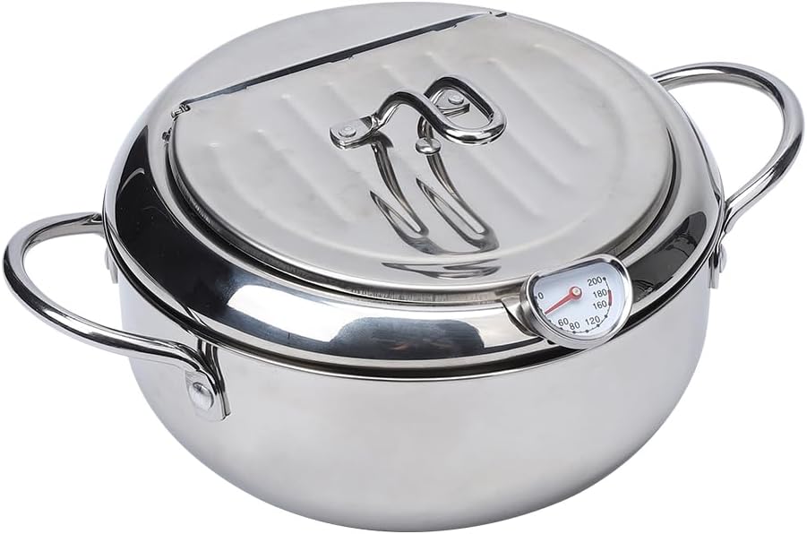 Stainless Steel Deep Fryer with Basket & Thermometer, 304 Non Toxic Oil Pot for Healthy Frying, Induction Compatible Tempura Fry Pot for Chicken Chips, Easy Clean Mirror Polished Surface