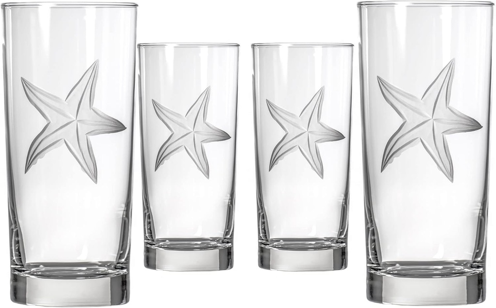 Rolf Glass Starfish Highball Cooler Glass | 15oz Coastal Glassware | Set of 4 | Engraved Lead-Free Highball Glasses | Made in the USA