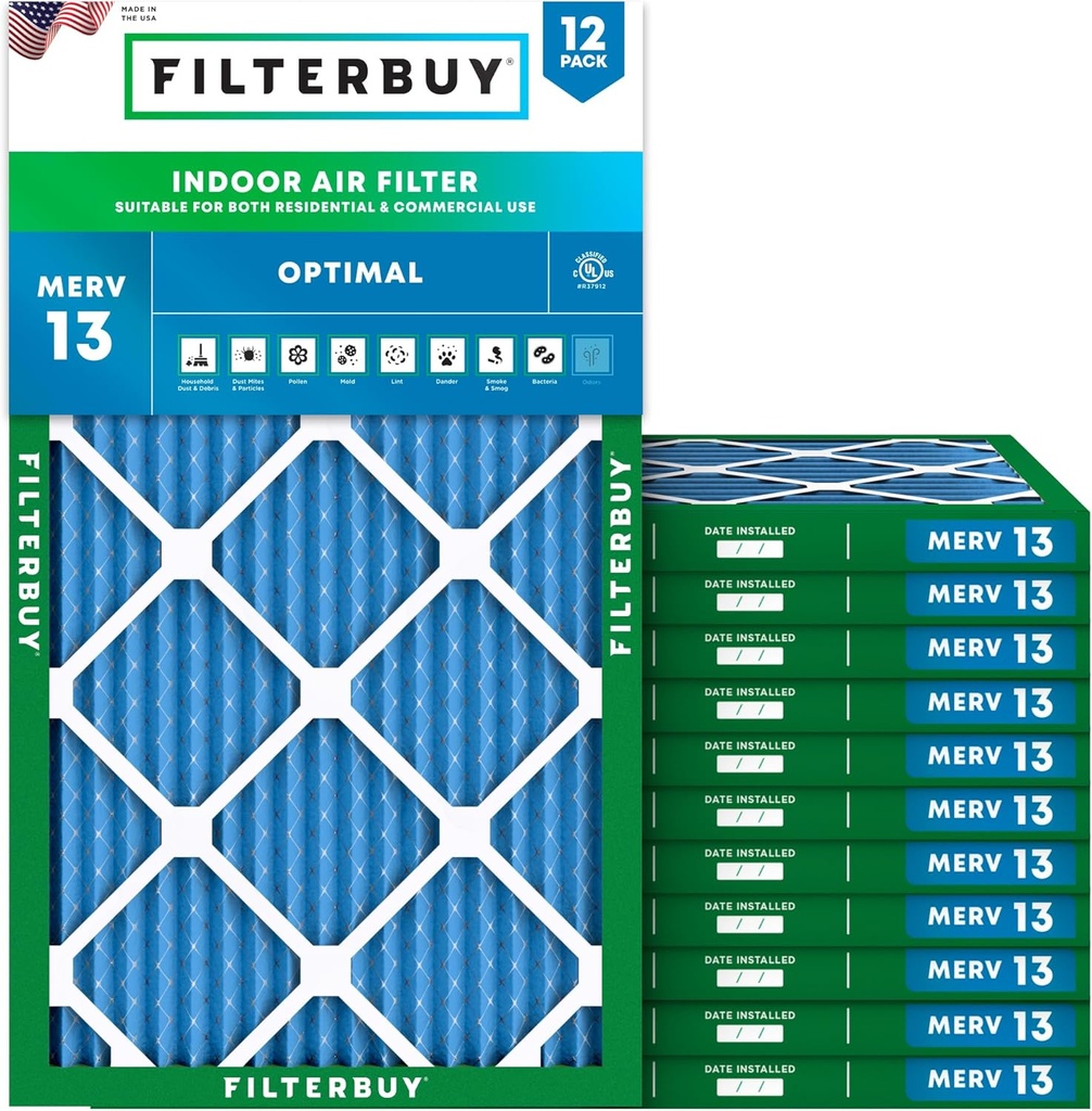 Filterbuy 14x22x1 Air Filter MERV 13 (MPR 1900) Health Defense Replacement (12-Pack), Electrostatic Pleated HVAC AC Furnace Filters, Made in USA (Actual Size: 13.50 x 21.50 x 0.75)