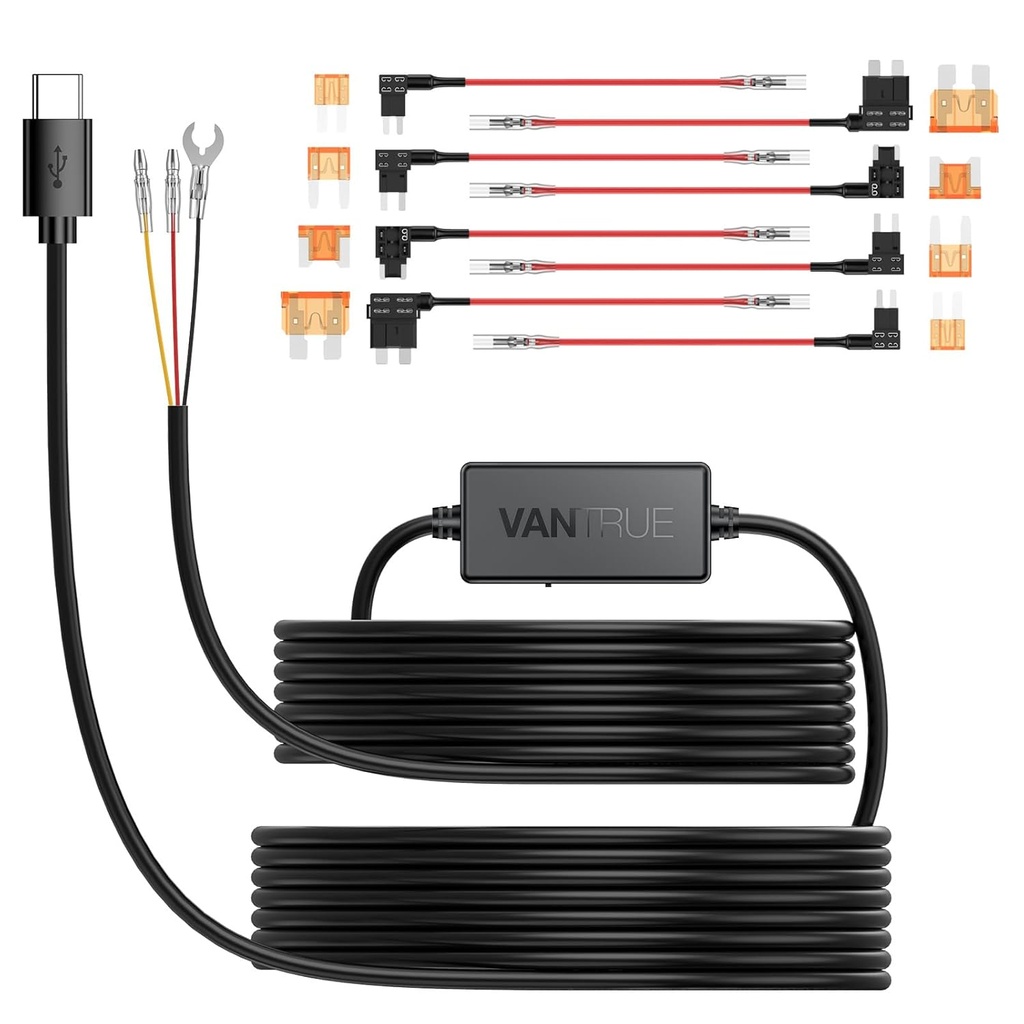 Vantrue 11.5ft USB-C Hardwire Kit (12V–24V to 5V) with Acc Functionality, Low Voltage Protection for N4(S)/N4 Pro(S)/N5(S)/N2X/E1 Pro/E360/ACE/E1 Lite/E2/S1 Pro(MAX)