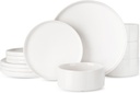 Famiware Porcelain Dinnerware Set, 12-Piece Modern Plate and Bowl Set, Dish Set for 4, Microwave and Dishwasher Safe Tableware, White