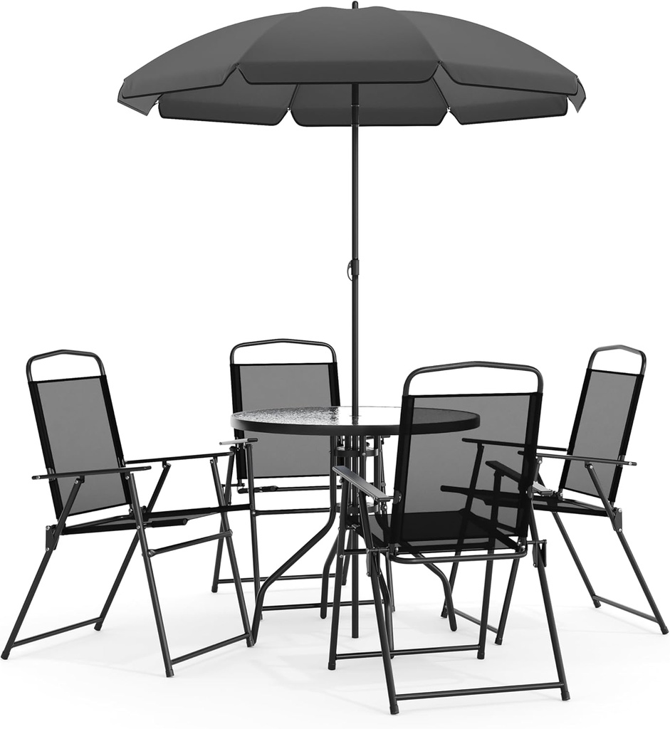 Flash Furniture Nantucket 6-Piece Patio Dining Set with Glass Table, 4 Folding Chairs, and Umbrella, Outdoor Patio Set, Black