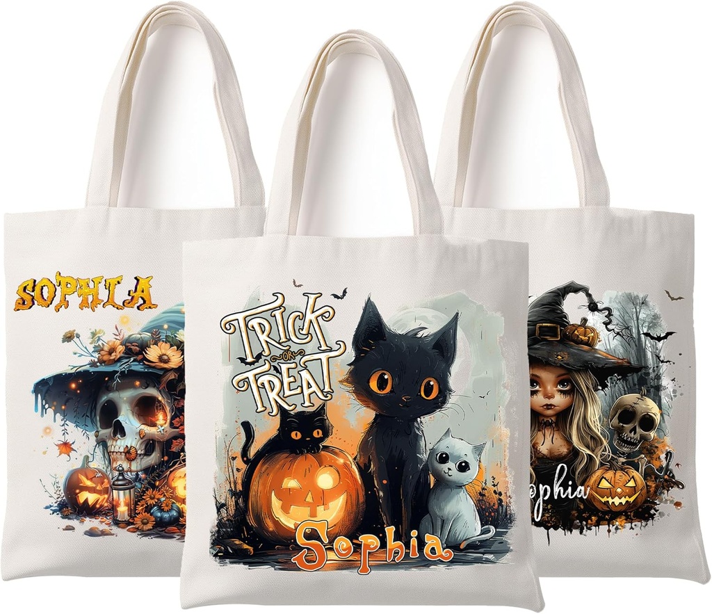 Trick or Treat Bags Personalized Halloween Goodie Bags for Kids Custom Name Canvas Tote Bag Cat Ghost Pumpkin Witch Canvas Reusable Tote Bag for Halloween Party Daily Supplies, 03