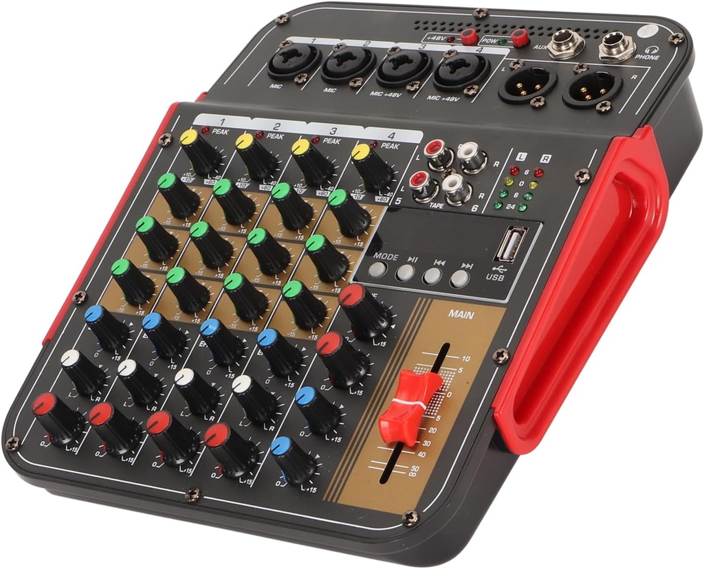 Audio Mixer, 4 Channel Professional Effects Mixer, Sound Board Console with 48V Power, for Stage, Live Streaming, Podcast Recording, Vocal, Game Voice (US Plug 100-240V)