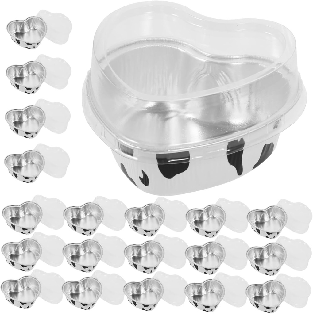 20pcs Heart Shaped Aluminum Foil Cake Holder Lids Portable Baking Treat Boxes for Parties Puddings and Desserts Convenient Carrying Design Cow Print