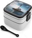 Light House Bento Box Adult Lunch Box Containers with Spoons Double Layered Lunch Containers Portable Lunch Boxes Food Container for Work Picnic Travel