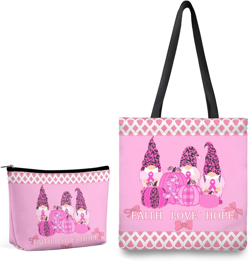 Breast Cancer Gifts For Wome,2Pcs Reusable Breast Cancer Awareness Tote Bag with Pink Ribbon Cosmetic Makeup Travel Bag