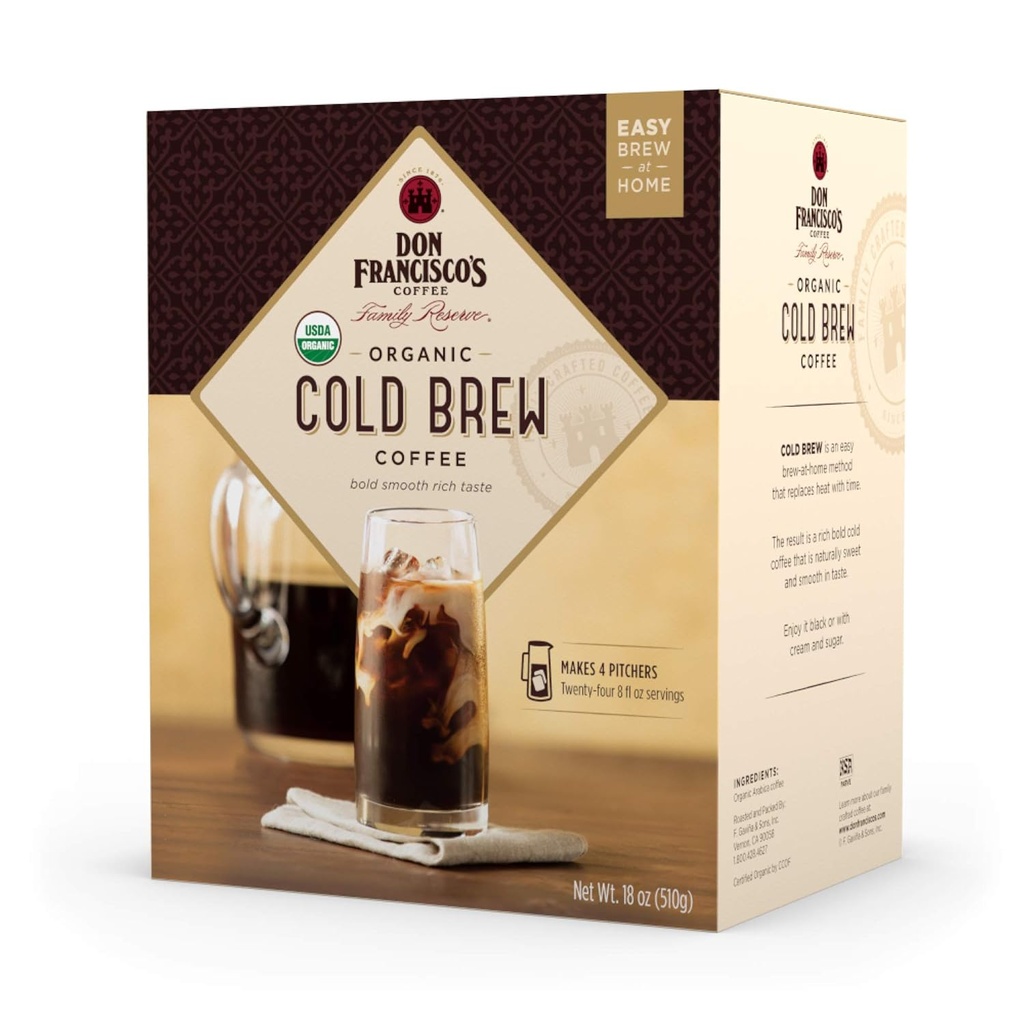 Don Francisco's Organic Cold Brew Coffee Pitcher Packs, 8 Count – Easy At-Home Prep – Smooth, Rich, Chocolate Notes – Medium-Dark Roast, 100% Arabica – Makes 4 Pitchers (24 Servings)