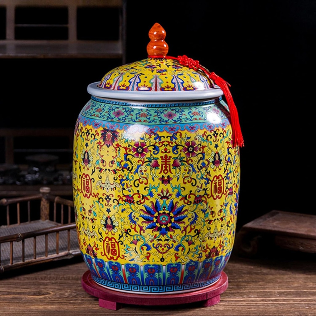 Ceramic Rice Bucket, Ceramics Rice Jar with Lid, Food Storage Container Kitchen Sealed Jar, Kitchen & Pantry Organization for Rice, Big Dry Food Dispenser(11 Lbs)