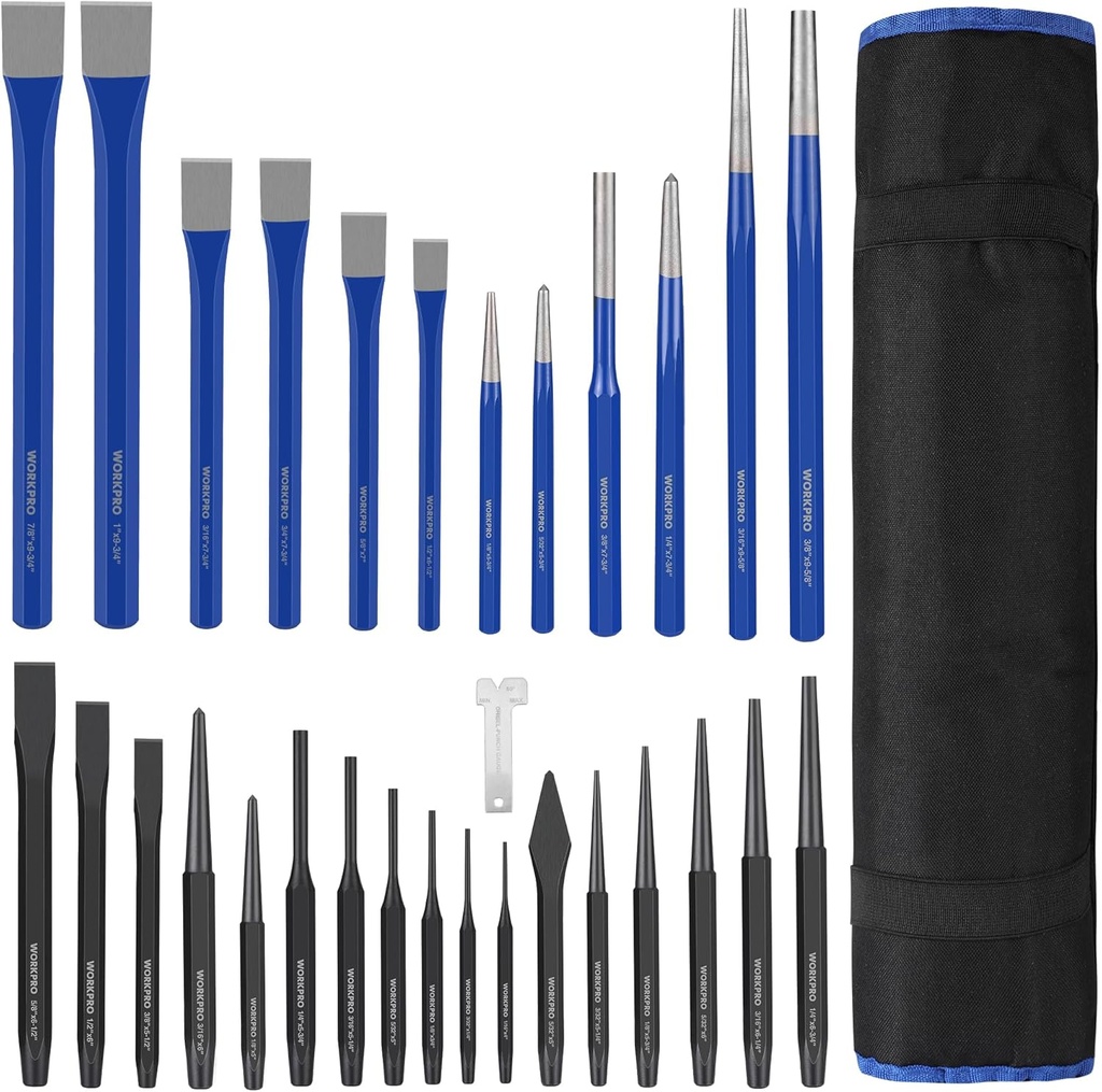 WORKPRO 30 PCS Heavy Duty Punch and Chisel Set with Roll Pouch, Cold & Cape Chisel, Center, Pin & Taper Punch, and Gauge, Blackened and Painted Finish for Durability