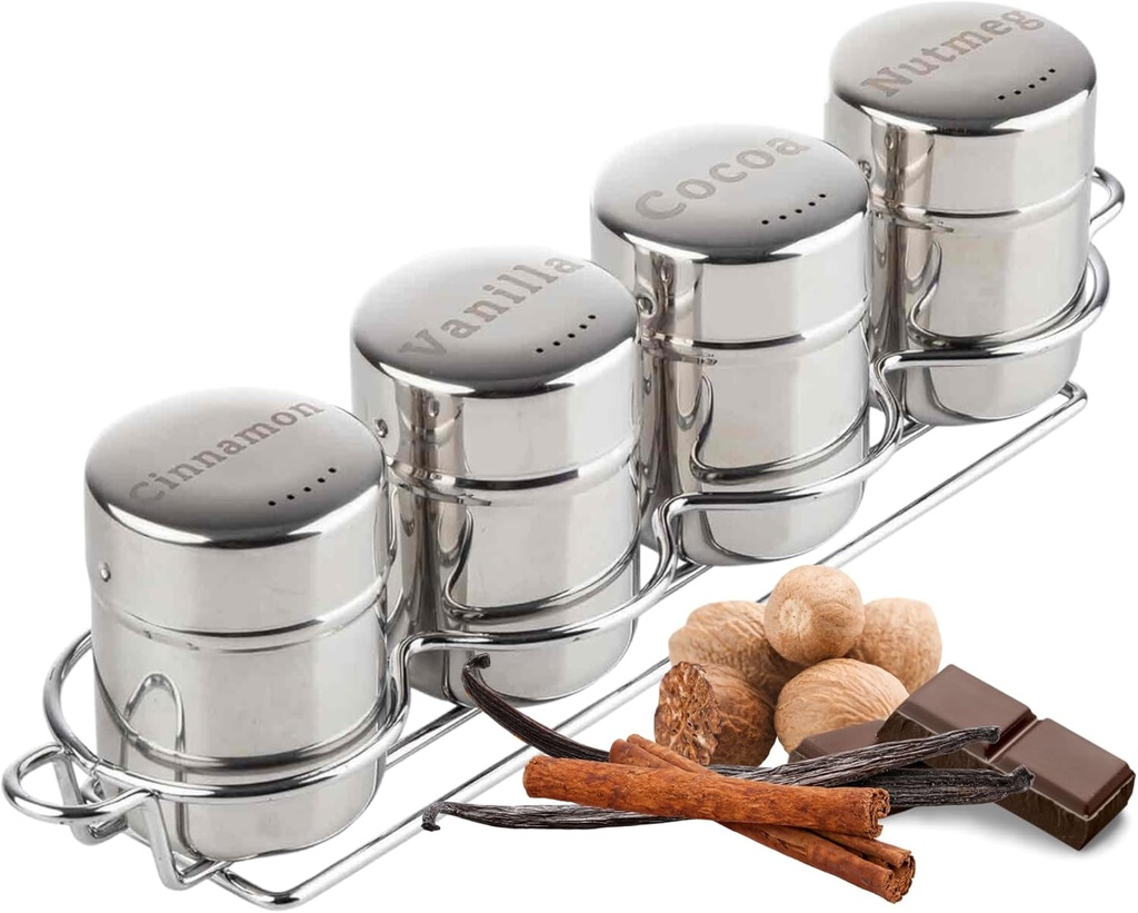 Tablecraft 6 oz Coffee Shaker 4-Piece Set with Rack | Ideal for Cocoa, Cinnamon, Nutmeg | Home, Café, Foodservice & Coffee Bar Use | Stainless Steel Shakers for Seasonings, Spices, & Toppings