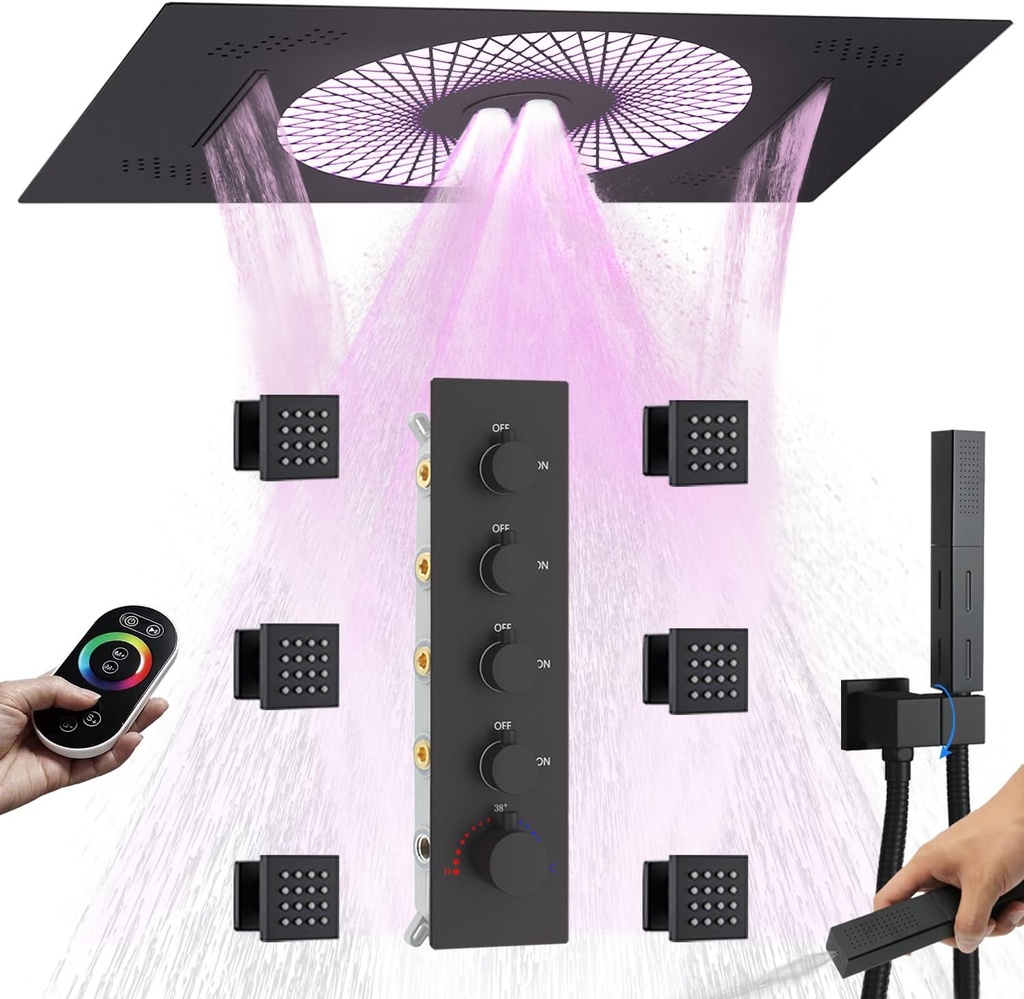 LED Multi Functions Full Body Shower System with Body Jets 2 in 1 Functions Handheld and 16x24inch Waterfall Mist Showerhead Shower Faucet Set Can be turned on simultaneously, Matte Black