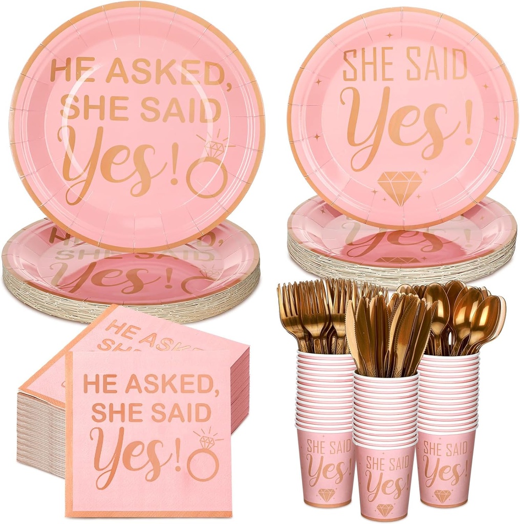 Zhehao 350 Pcs She Said Yes Tableware Disposable Engagement Party Supplies Plates Napkins Cups and Forks Set for for Bridal Shower & Engagement Celebrations, Dinnerware Sets, Serve 30