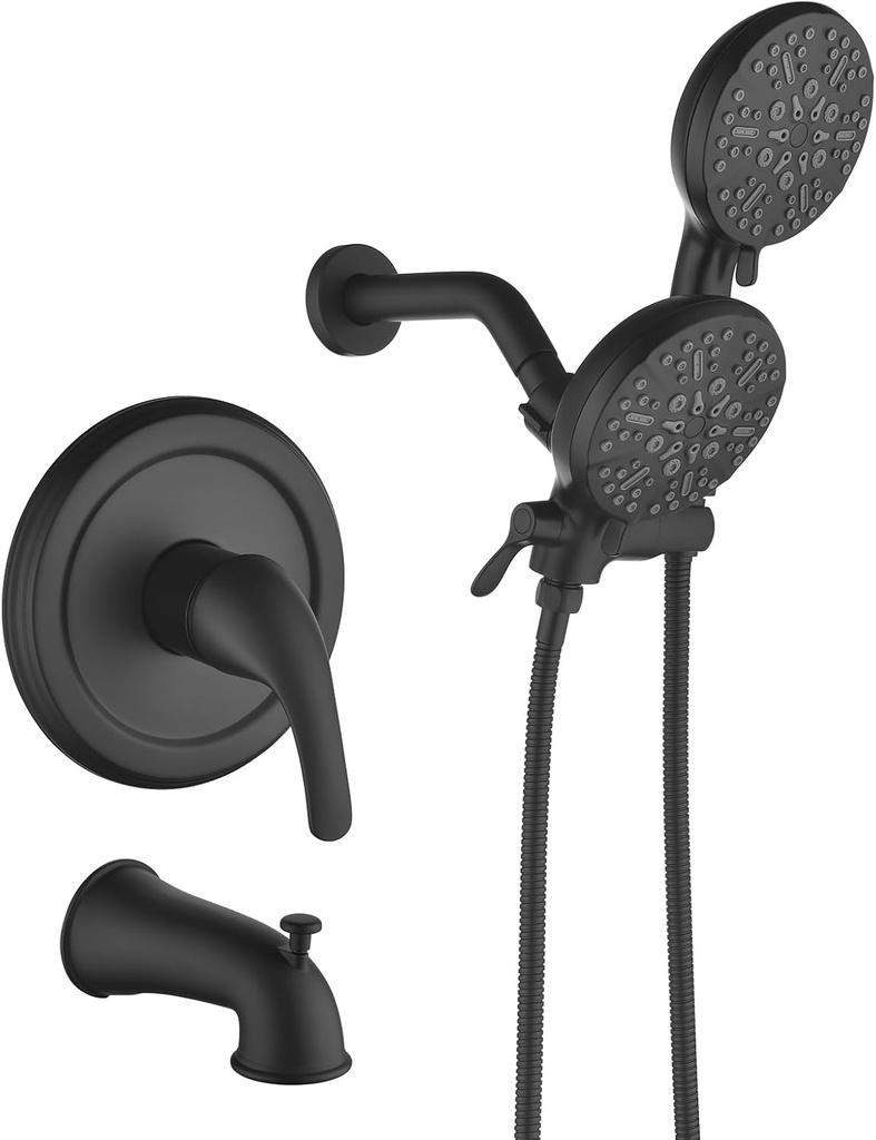 Matte Black Shower Faucet Set with Tub Spout, Dual Shower System with Tub Spout 2 in 1 Shower Tub Kit with Valve, 3-Way Diverter Tub and Shower Faucet Combo, Single Handle Shower Trim Kit - CS03