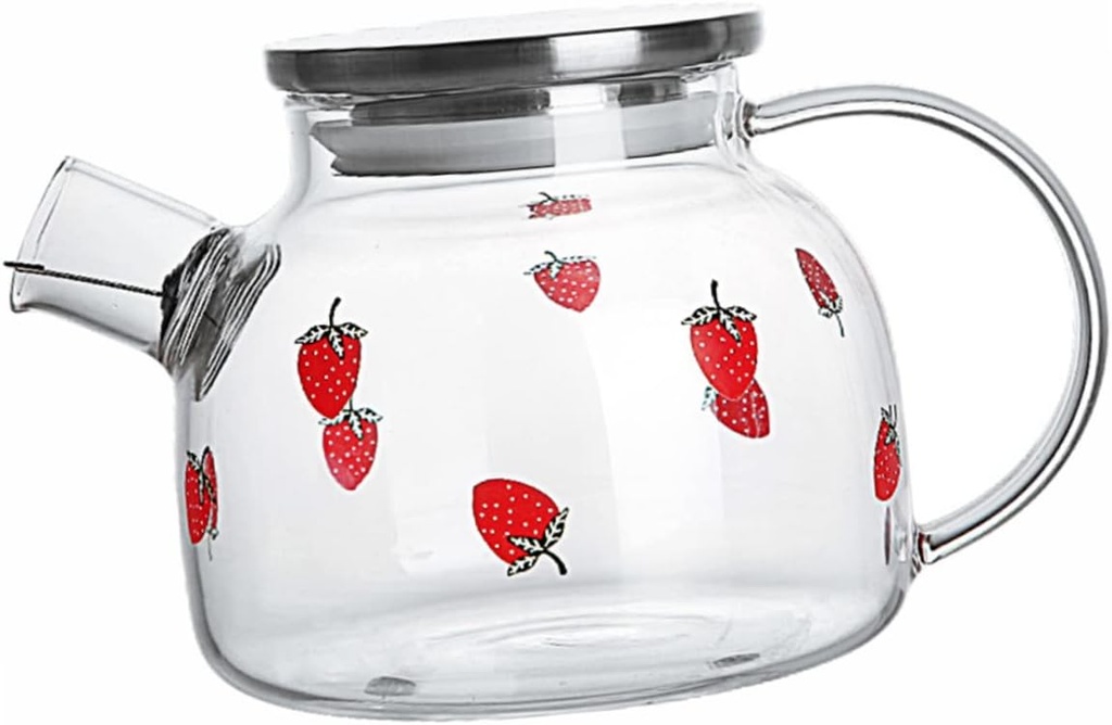 High Borosilicate Glass Cold Brew Teapot 1000ML Heat-Resistant Teaware for Iced Tea Home Use Strawberry Pattern