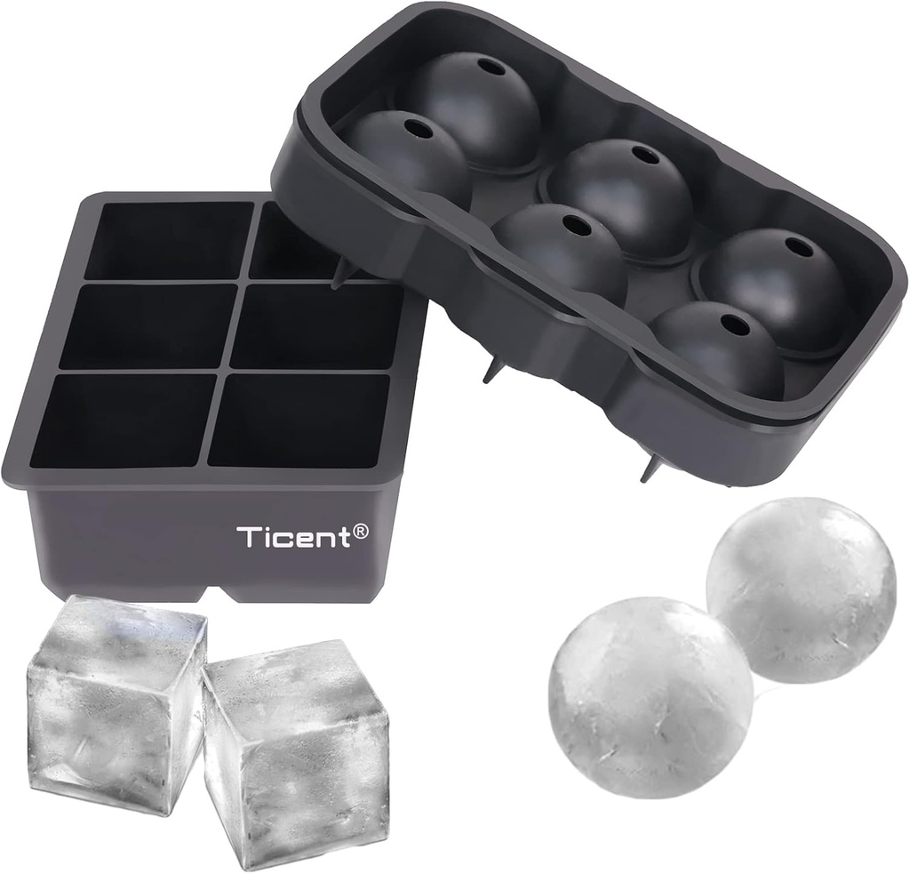 Ticent Ice Cube Trays (Set of 2), Silicone Sphere Whiskey Ice Ball Maker with Lids & Large Square Ice Cube Molds for Cocktails & Bourbon - Reusable & BPA Free