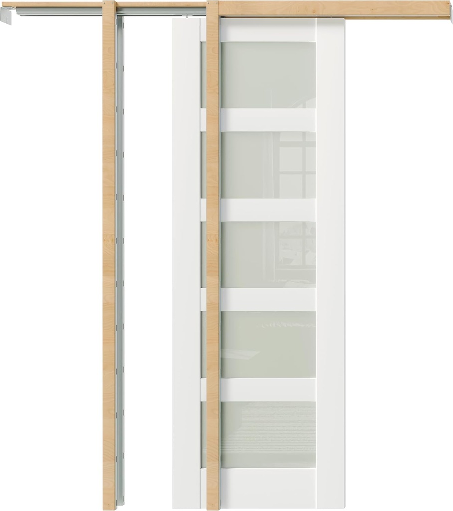 28" x 80" Sliding Pocket Door Set - Includes 5 Lites Frosted Glass Panel and Frame - Interior & Closet Single Door Slab, White Primed - Easy Panel Assembly Required