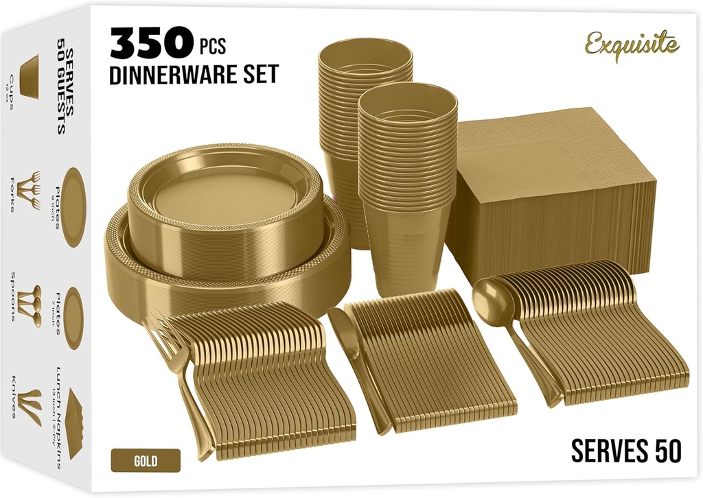 350 Pcs Gold Plastic Plates For Party, Gold Disposable Plates Set, 50 Of Each 9" Dinner Plate Set, 7" Dessert Plate, Cups, Napkins & Cutlery Plastic Dinnerware Exquisite