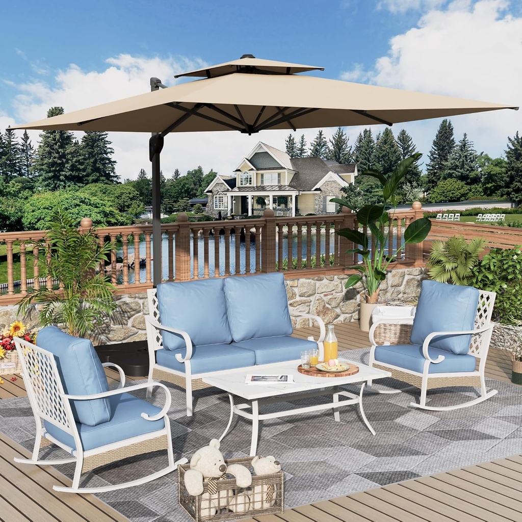 4 Piece Patio Furniture Set, 2 x Rocking Chair, 1 x 2-Seat Sofa with Marbling Coffee Table, All Cushioned 4 Seats Outdoor Conversation Set for Lawn Garden Backyard, Blue