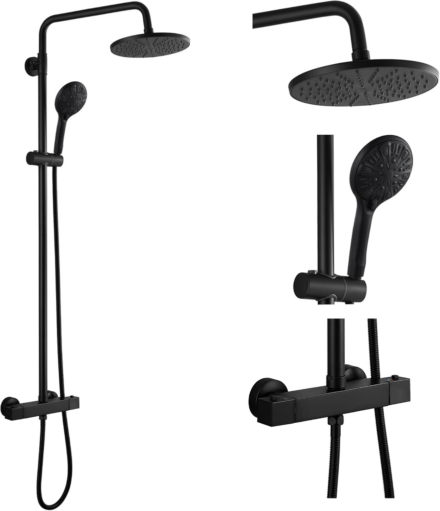 gotonovo Thermostatic Shower System 8'' Round Shower Head Exposed Shower Faucet Wall Mount with Height Adjustable Slide Bar ABS Handheld Sprayer without Tub Spout Matte Black