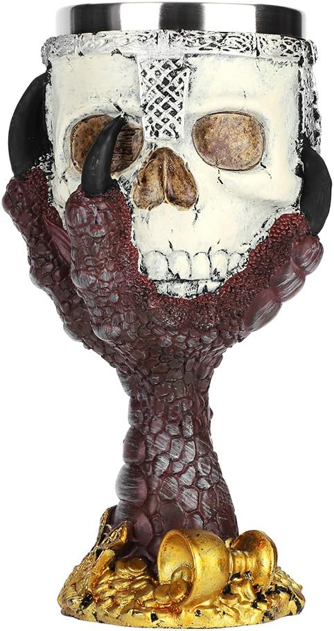 ITODA Skull Wine Goblet Chalice Cup Halloween Gothic Vikings Ossuary Skeleton Coffee Drinking Mug Medieval Warrior Dragon Claw Pirate Resin Body Stainless Steel Cup