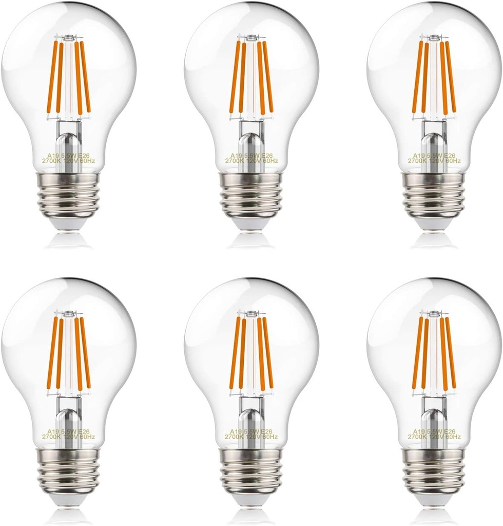 A19 LED Filament Bulbs, 60W Equivalent, Edison Vintage Dimmable Energy Efficient Lamp for Pendant Wall Light Fixtures Office Bedroom Bathroom, E26 Base, 2700K Warm White Light, 6PCS