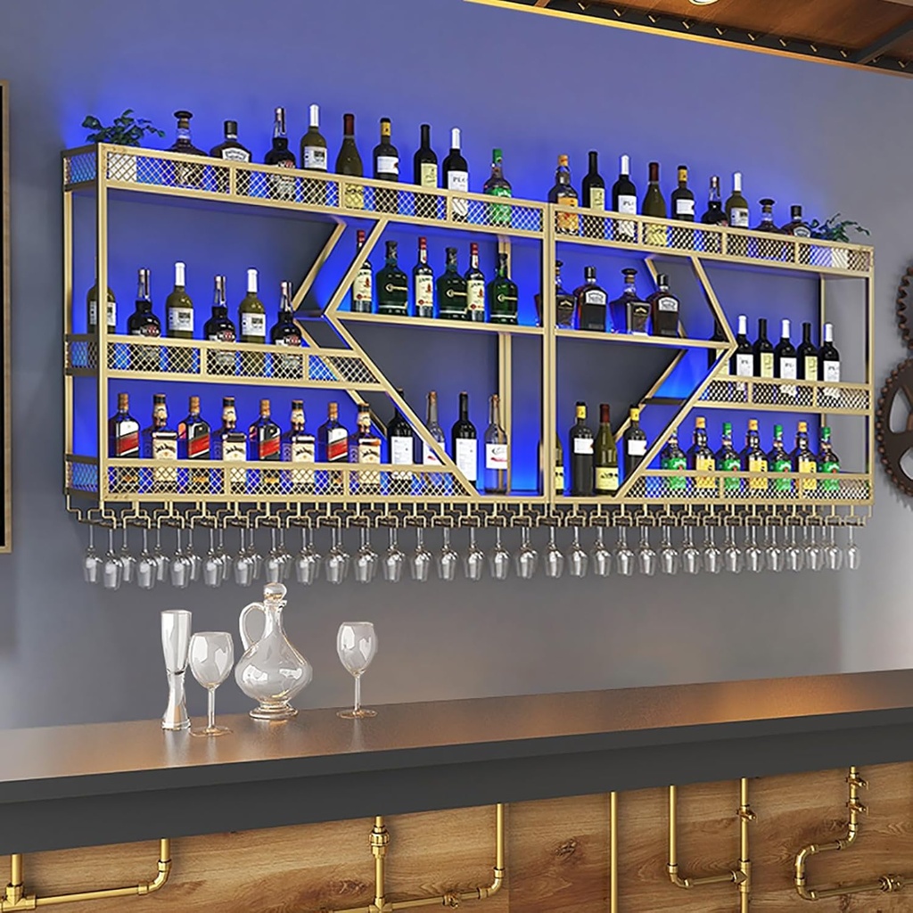 Wine Rack Wall Mounted with LED Light,Bar Metal Floating Shelves with Wine Glass Holder,Liquor Bottle Display Shelf,Industrial Hanging Wine Storage Racks for Home Kitchen,Wine Cellar,Black/G